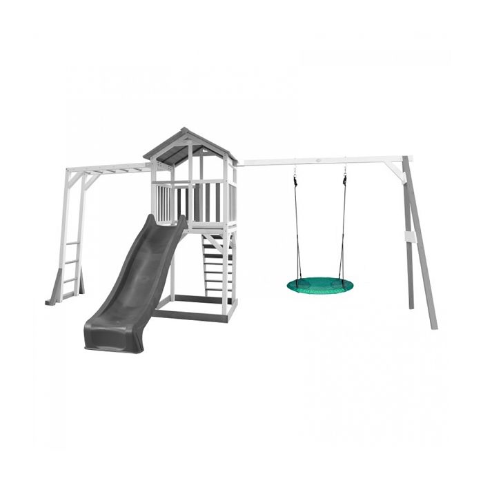 AXI Beach Tower Aire de Jeux avec Toboggan en gris Cadre descalade Balançoire Nid doiseau vert & Bac à Sable
