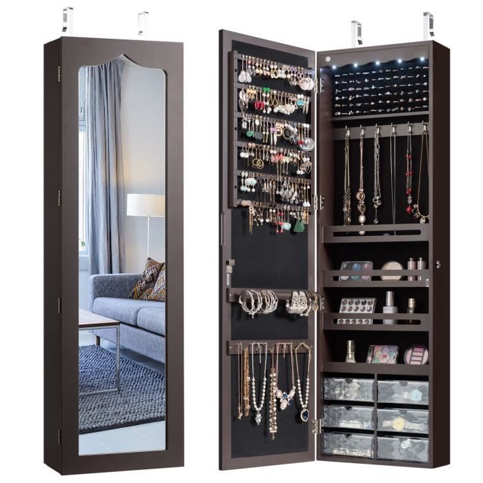 COSTWAY Armoire à Bijoux Murale LED Miroir,6 Tiroirs Hauteur du Crochet