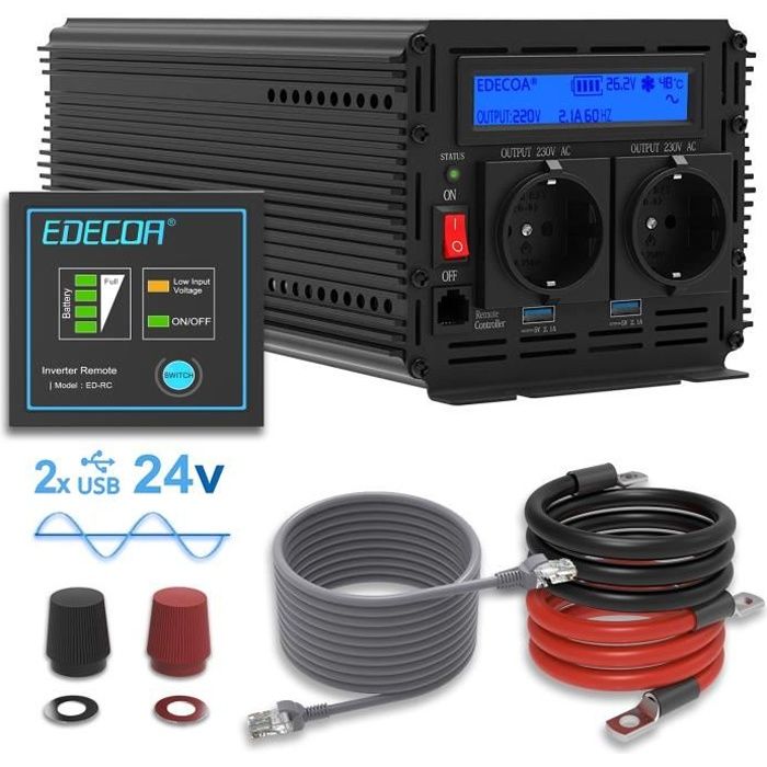 Onduleur 2000W 24V 230V EDECOA - Convertisseur Sinusoïdal Modifié Avec USB Et Télécommande