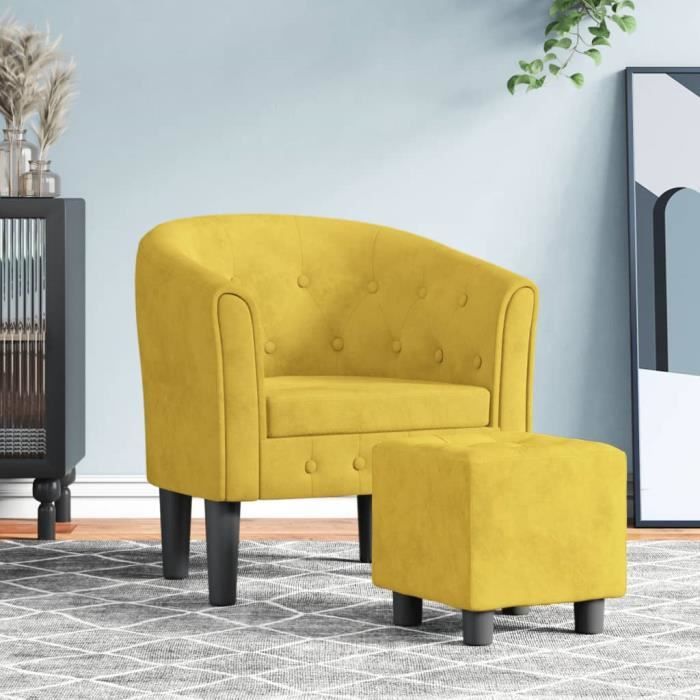 Fauteuil cabriolet - ESTINK - 85433 - Jaune velours - Repose-pied inclus - Design contemporain