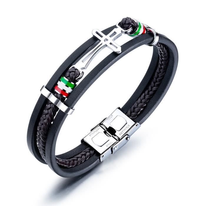 Bracelet Homme - INSFITY - Tressé - Similicuir - Acier Inoxydable - Noir