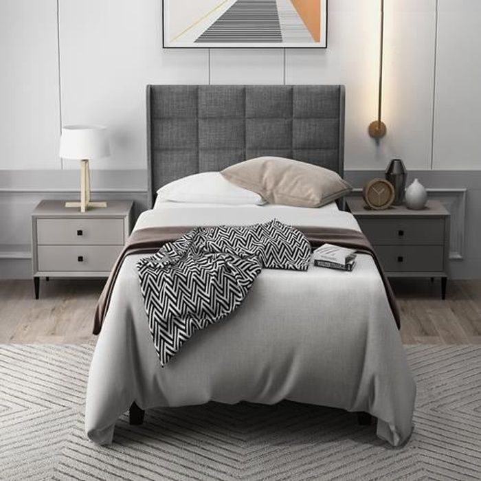 Structure de Lit Simple en Bois avec Sommier 90 x 200 cm - MERAX - Lin Gris - Style scandinave - Moderne