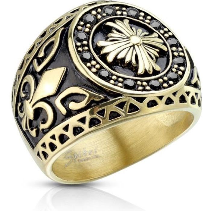 Bague chevalière homme Acier doré Croix celtique et fleurs de