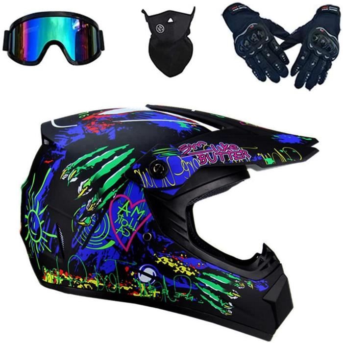 Intégral MTB Casque Motocross, Avec Lunettes Gants Masque Jeunesse Enfants Hors Route Bmx Moto Vtt Casque Double Sport Descente Quad Dirt Bike Enduro