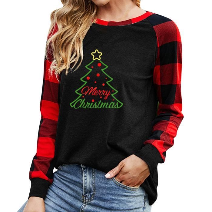 SKY Chemises de Noël pour femmes Plaid Splicing Tops Manches longues Sweat-shirts à la mode 