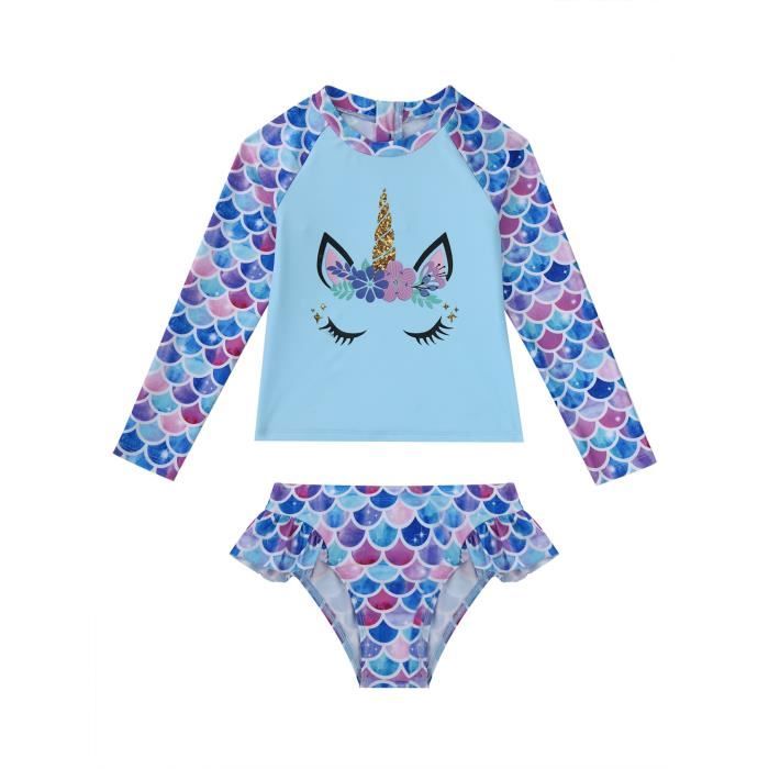 Robe De Natation Anti-UV Fille 1 Pièce Avec Jupe Et Short Intégré - Maillot De Bain Tankini Manches Courtes Taille 2 à 14 Ans