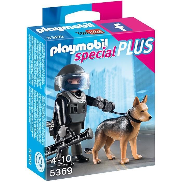 PLAYMOBIL - Policier des forces spéciales avec chien - Gris, Beige et Noir - Enfant - PLAYMOBIL Special Plus