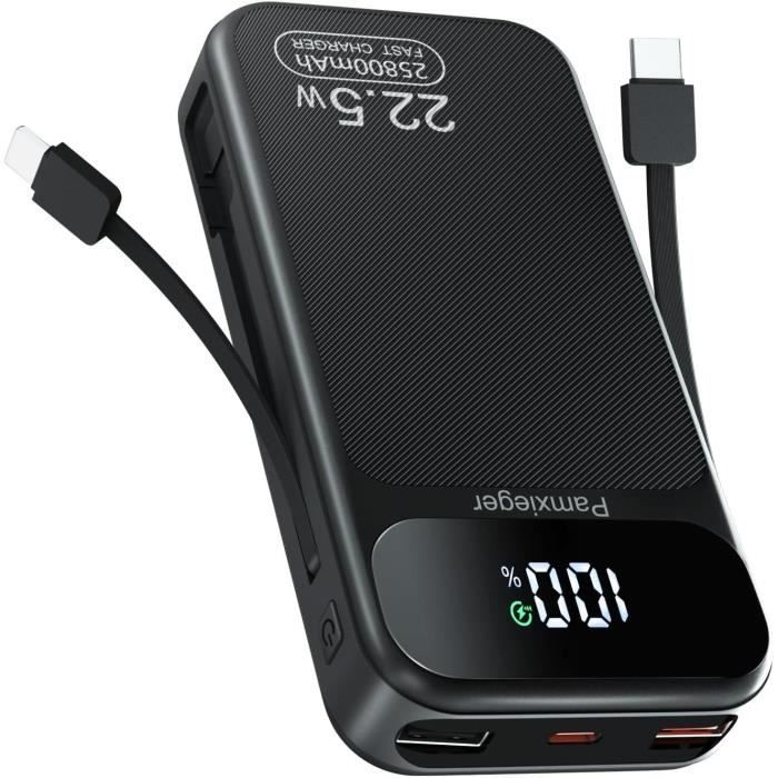 Power Bank 25800mAh Con Doppio Cavo Integrato, Ricarica Rapida 22.5W PD3.0/QC4.0 E Display LCD, Per Smartphone E Tablet