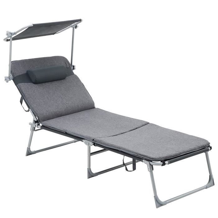 chaise longue songmics - gris foncé - aluminium - dossier réglable - appui-tête amovible - pare-soleil ajustable