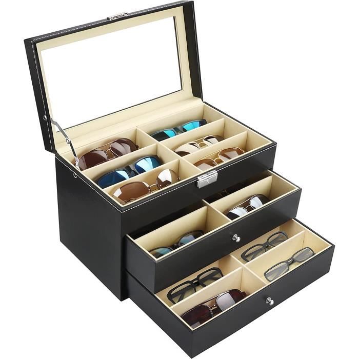 Kurtzy Boîte à Lunettes Verrouillable 18 Compartiments - Rangement Lunettes De Soleil Noir