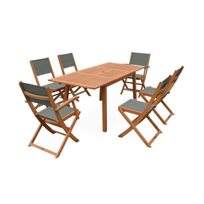 salon de jardin savane extensible - almeria - table 120/180cm avec rallonge. 2 fauteuils et 4 chaises. en bois d'eucalyptus  huilé