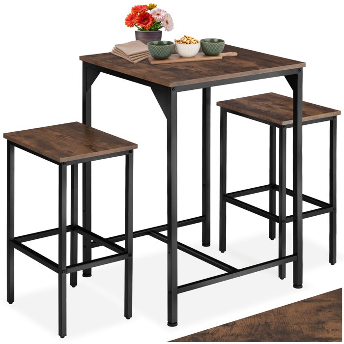 Table haute - TECTAKE - Ensemble de bar INVERNESS en bois et acier avec table et 2 tabourets - Bois foncé