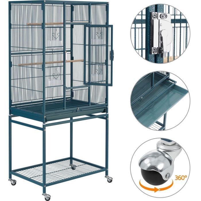 Comparer les prix de Yaheetech Cage-Volière Oiseaux avec Détable à roulettes Cage pour Perroquet Gris 65,5 x 42,5 x 136,5 cm Bleu Marine