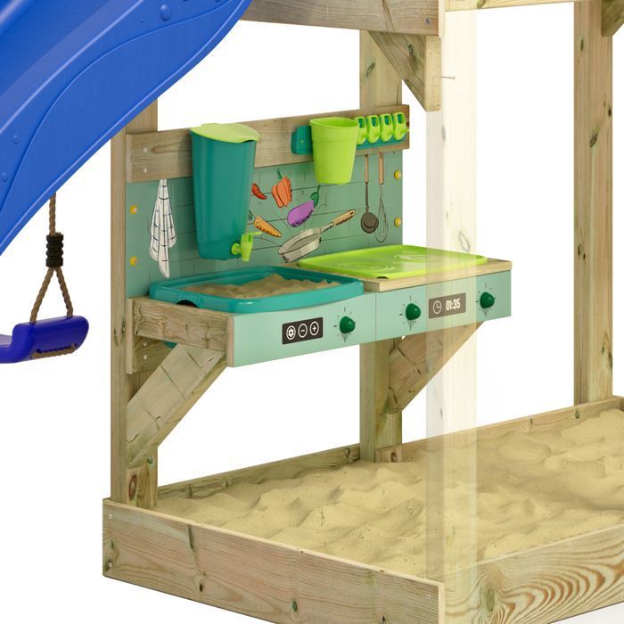 WICKEY Aire De Jeux FreeFlyer En Bois Avec Toboggan Vert Pastel Balancoire Double Bac A Sable Et Mur Escalade 91145703