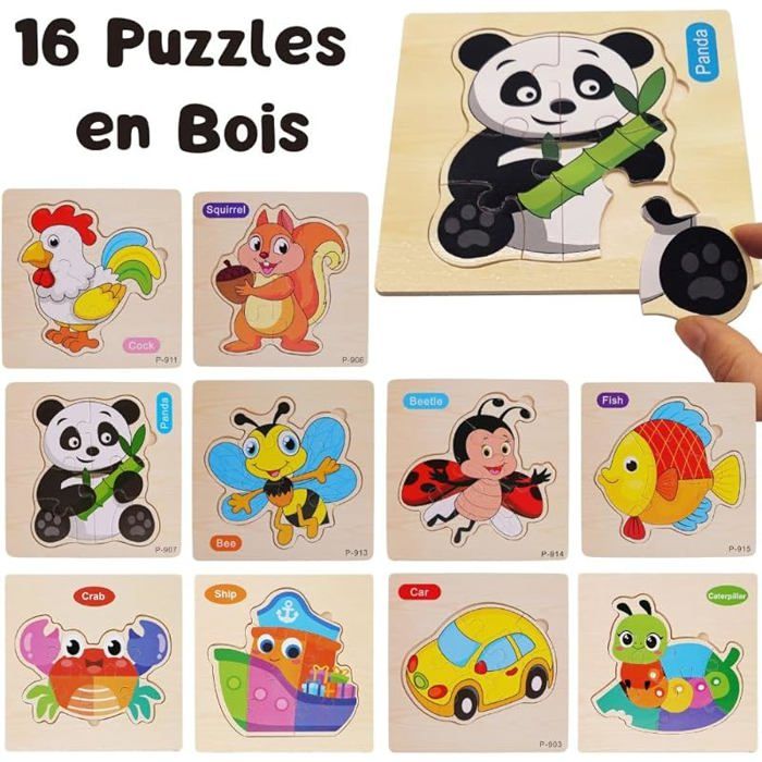 Lot De 16 Puzzles Animaux En Bois – Cadeau Anniversaire 3-8 Ans, Emballage Individuel – Jeu Éducatif