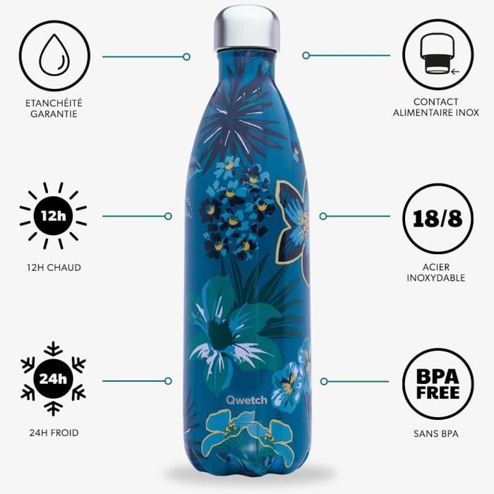 Qwetch - Bouteille Isotherme Bornéo Bleu 1L - Gourde Nomade Inox