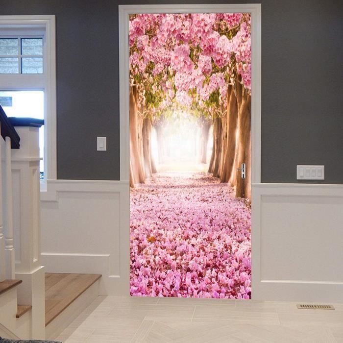 3d Stickers Porte Porte Style japonais et fleurs de cerisier Auto-AdhéSif Murale DéCoration De La Maison Stickers Muraux Chambre Salon Affiche Amovible Art Autocollants L77 x H200cm