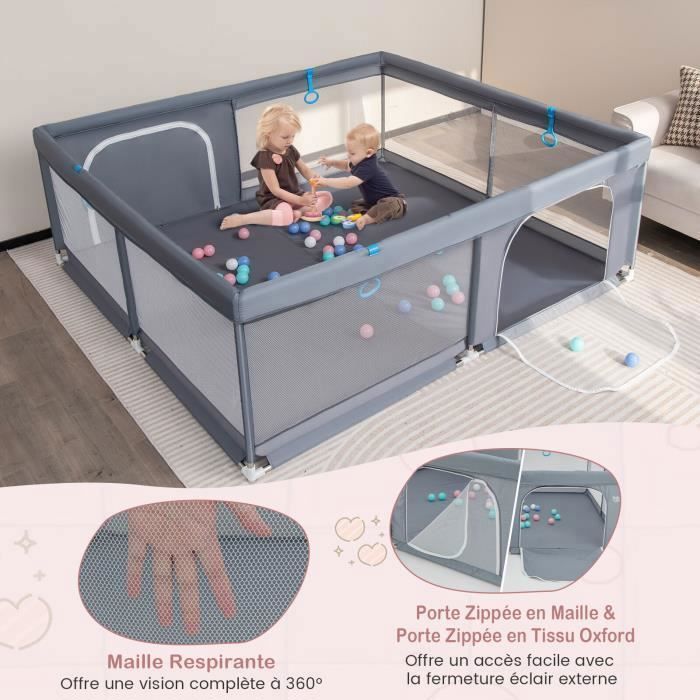 Parc Pour Bébé ACXIN 150x180x68 Cm - Grille En Acier, Tissu Oxford, Base Antidérapante, Filet Respirant - Gris - 13