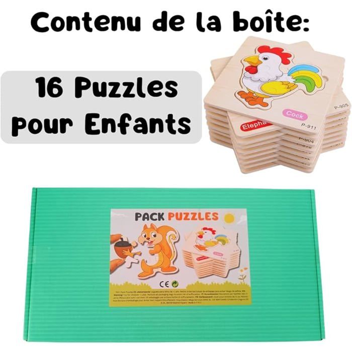 Lot De 16 Puzzles Animaux En Bois – Cadeau Anniversaire 3-8 Ans, Emballage Individuel – Jeu Éducatif