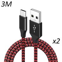 [2 pack] Cable Nylon Tressé Rouge Type USB-C 3M pour Samsung galaxy A50 - A51 - A52 - A52s - A70 - A71 - A72 - A80 [Toproduits®]