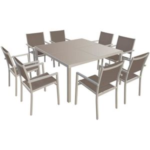 Ensemble table et chaise de jardin Salon de jardin CAGLIARI en textilène taupe 8 places - aluminium taupe