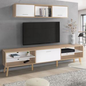 MEUBLE TV MURAL Ensemble meuble TV 180 cm et étagère CLAYTON bois et blanc
