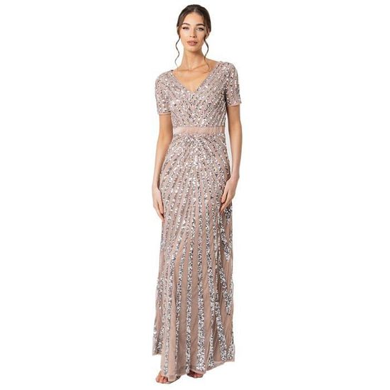 Maya Deluxe Robe Maxi Longue à Paillettes Taupe Blush - Manches Longues, Élégante Pour Mariage Et Soirée