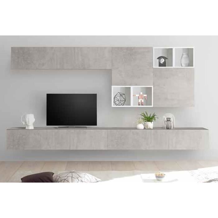 LUDOVICA 51 LAQUE BLANC ET BETON ENSEMBLE COMPOSITION MURALE MEUBLE TV TENDANCE