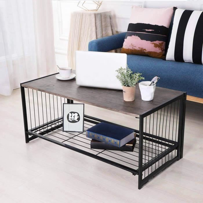 Pliable Table Basse de salon Bois 100*50*45cm Industriel Plateau Finition Noyer Piètement Métal Noir