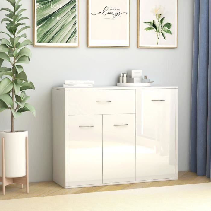 Buffet Blanc brillant 88x30x70 cm Aggloméré-MAD
