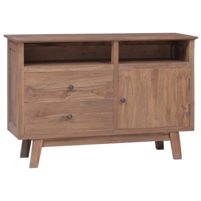 Buffet Vintage Bois de teck massif - 2 tiroirs, 1 porte et 2 étagères ouvertes - Meuble de Rangement - 100 x 30 x 68 cm