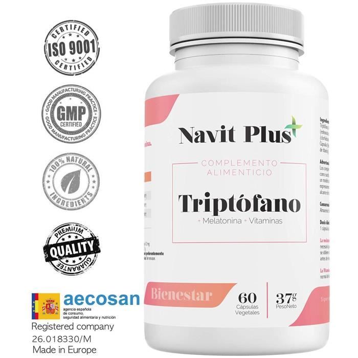 L-Tryptophane NavitPlus. Tryptophane 500 mg + B6 + B3 + B2 + mélatonine. 60 gélules végétales. Traitement pour deux mois.Le compl