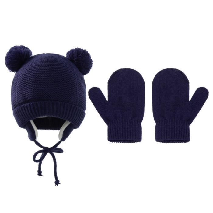 Gants de enfant chapeau d'hiver,Bonnet Pom Pom avec cache-oreilles et attaches de menton bonnet chapeaux ensemble de gants