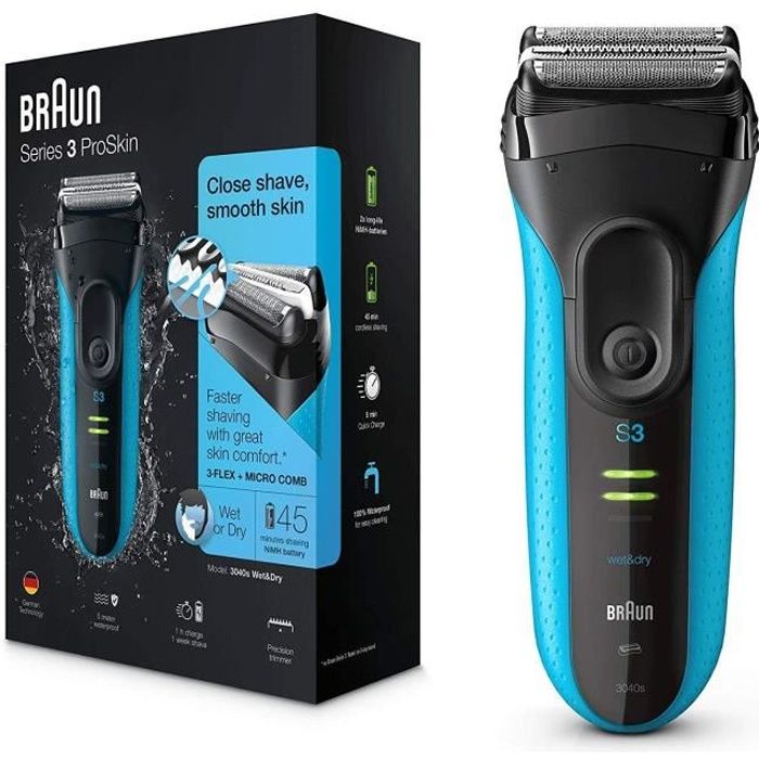 Braun Series 3 ProSkin 3040s Rasoir Électrique Homme Barbe, Noir/Bleu - Rasoir Électrique Rechargeable
