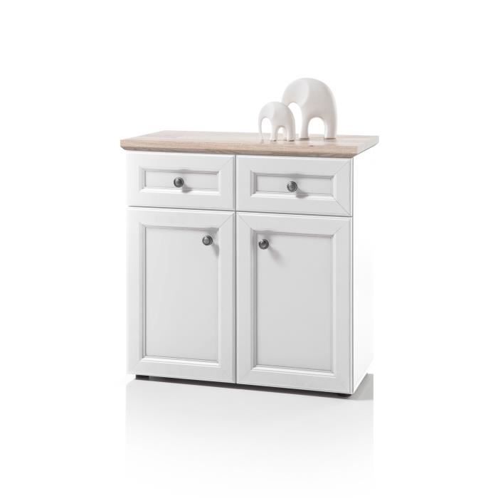 Armoire d'appoint blanche Norah avec 2 tiroirs, 2 portes et 2 étagères. Plateau avec décor en chêne.