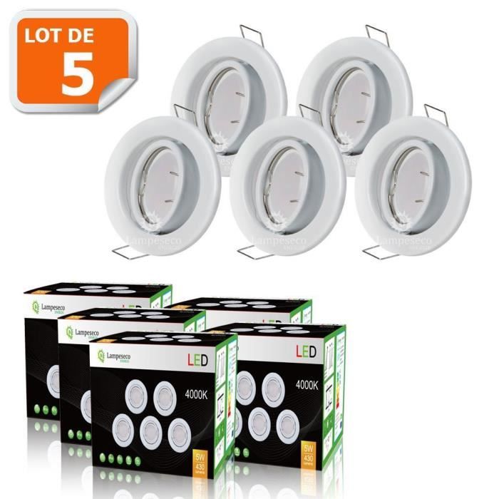 LOT DE 5 SPOT LED ENCASTRABLE COMPLETE ORIENTABLE BLANC AVEC AMPOULE GU10 230V eq. 50W LUMIERE BLANC NEUTRE