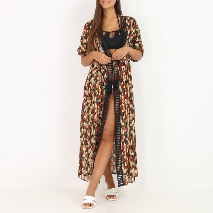 Kimono kaki à feuilles et détails dorés