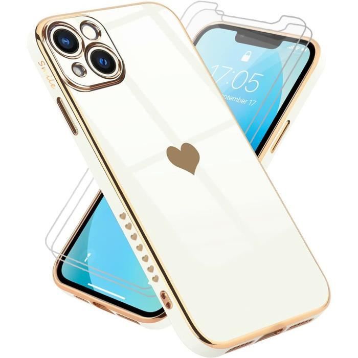 Coque Pour iPhone 13 (6,1-) Blanc + 2 Verres Trempés Antichoc Luxe TPU Souple Anti-Rayure Galvanisé Or
