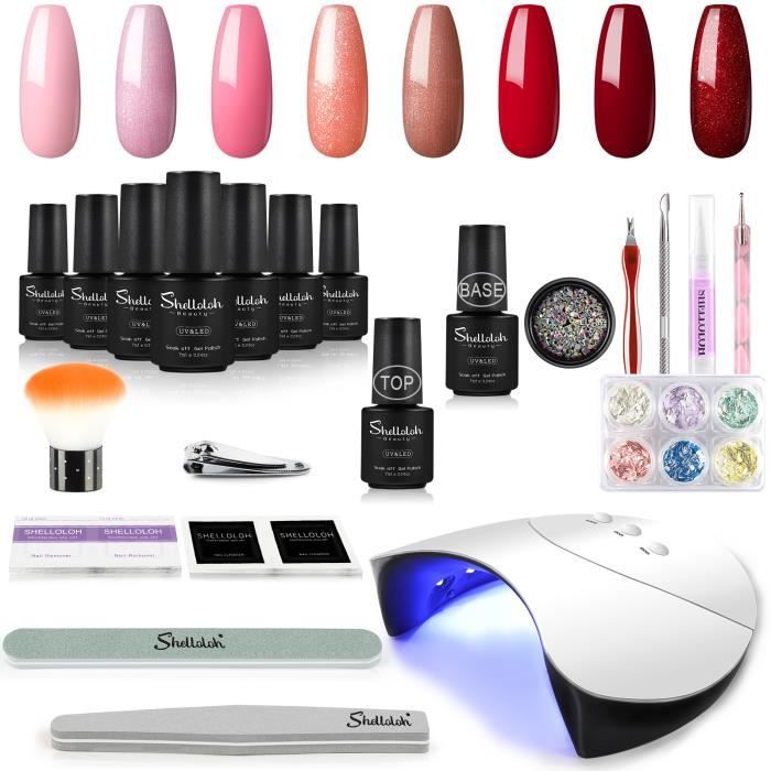 SHELLOLOH Kit Vernis Gels Semi Permanents 12 PC Base Coat Top Coat 36W UV/LED Lampe Ponceuse Limes Strass Les Décors Nail Art