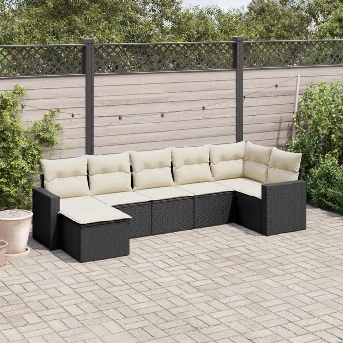 vidaXL Salon de jardin 7 pcs avec coussins noir résine tressée 3219266