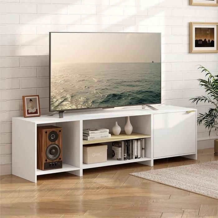 woltu meuble tv, banc tv, armoire basse avec étagère réglable, design détachable, 3 en 1, en bois d'ingénierie, 160x39x45cm, blanc