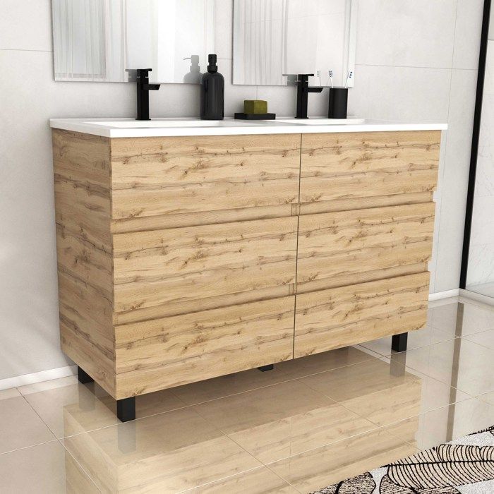 Meuble de salle de bains 120cm 6 Tiroirs_Chêne Naturel + Vasque céramique blanche - TIMBER 120