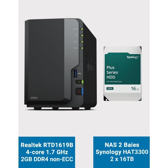 Synology DS223 NAS 2 Bay Con 16TB (2x8TB) HAT3300 – Processore Quad-core 1.7 GHz, 2GB DDR4, DSM Preinstallato