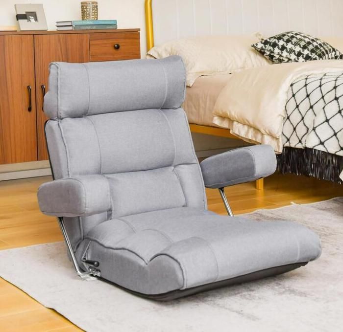 Fauteuil de Sol - RELAX4LIFE - Appui-Tête - Support Lombaire - Dossier Réglable 90°-180° - Accoudoirs Rabattables - Gris