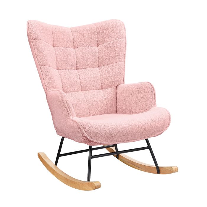 Fauteuil à bascule avec velours teddy Rocking Chair Fauteuil à bascule allaitement bois massif et cadre en métal rose