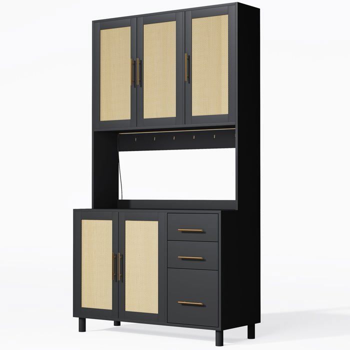 MEUBLES COSY Buffet de cuisine 183 cm avec éclairage LED 2 ports USB 2 prises 3 tiroirs étagères réglables et poignées dorées