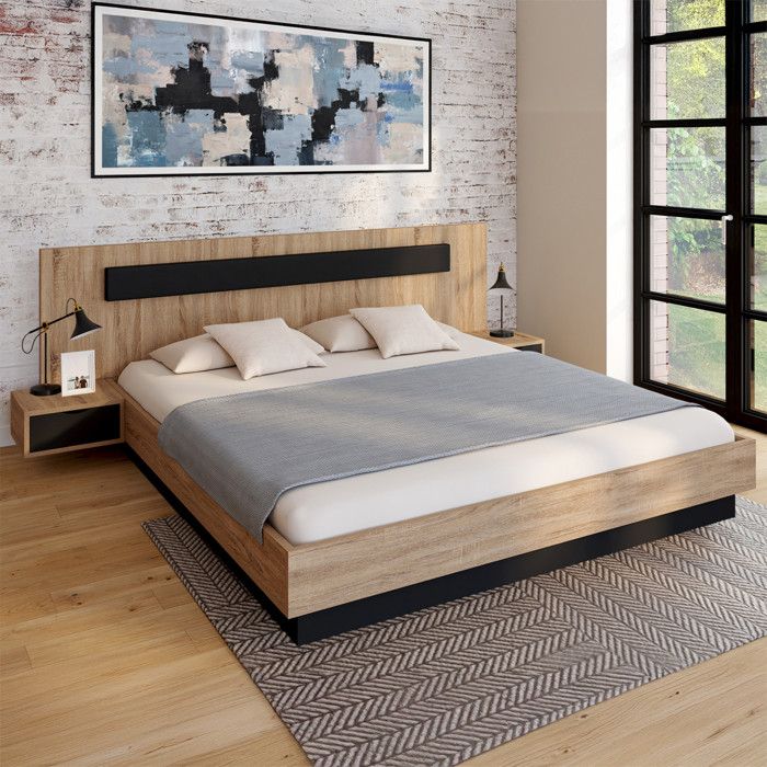 IDMARKET Lit double SANTA avec tête de lit + tables de chevet intégrées et sommier 180 x 200 cm bois et noir