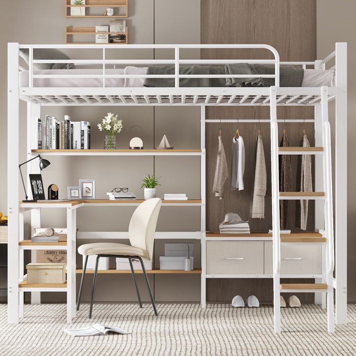 Lit en fer lit haut avec deux boîtes de stockage avec bureau et étagère escalier incliné à quatre étages fer + MDF blanc +