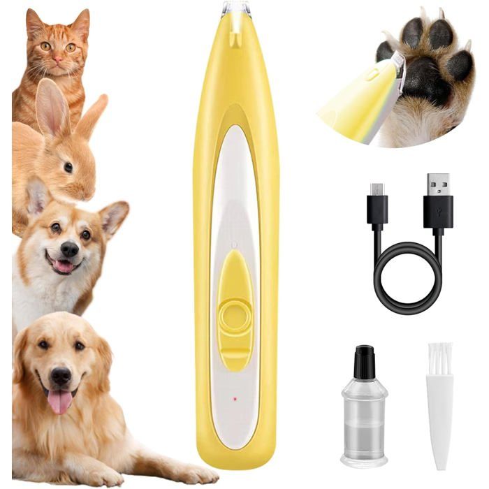 Tondeuse à poils pour pattes de chien rasoir rechargeable tailler les poils autour des pattes des yeux et des oreilles (Jaune)