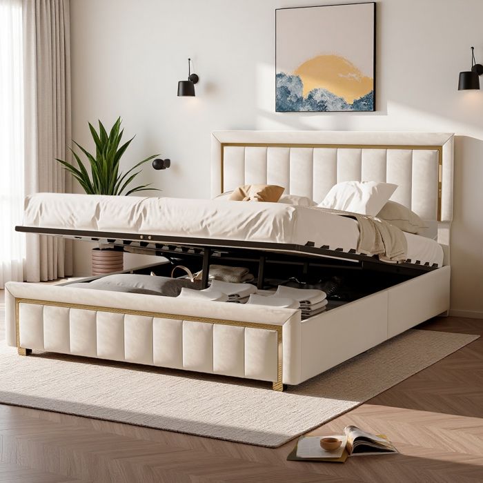 Lit coffre 160x200 - Lit double avec rangement - Lit rembourré avec bordure dorée - Cadre de lit avec sommier à lattes-Velours
